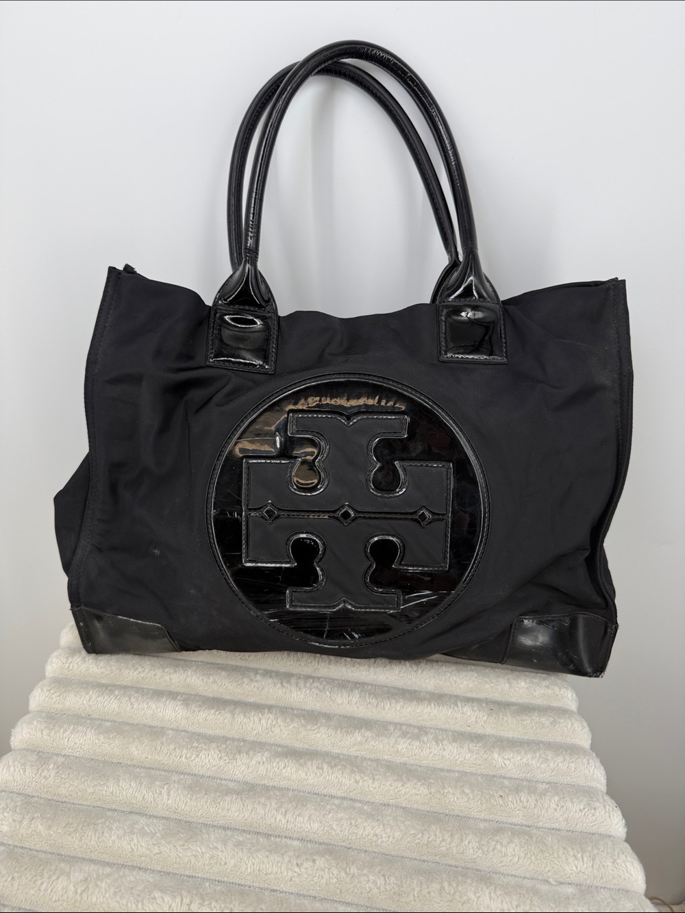 Tory Burch Black Nylon Tote Large Bag with Patent Logo